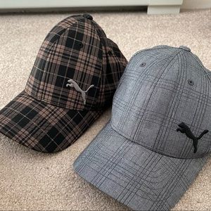 2 Puma plaid hats large and small flexfit brown grey black ball caps